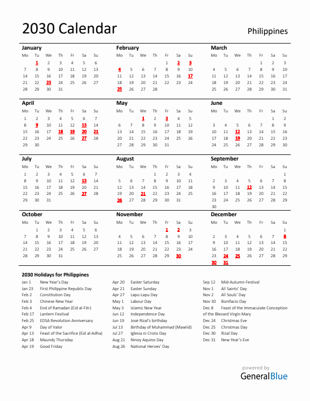 Standard Holiday Calendar for 2030 with Philippines Holidays 