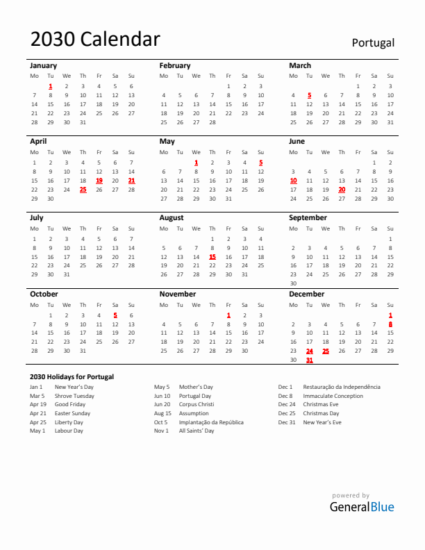Standard Holiday Calendar for 2030 with Portugal Holidays 