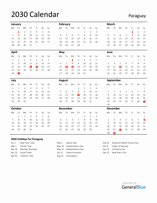 Standard Holiday Calendar for 2030 with Paraguay Holidays 