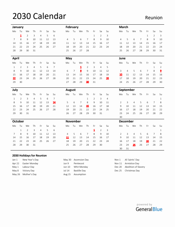 Standard Holiday Calendar for 2030 with Reunion Holidays 