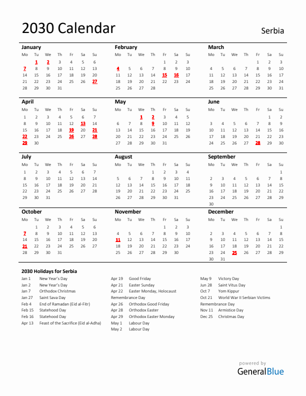 Standard Holiday Calendar for 2030 with Serbia Holidays 