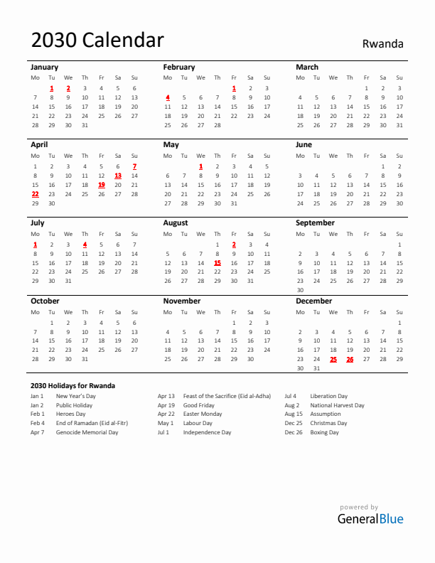 Standard Holiday Calendar for 2030 with Rwanda Holidays 