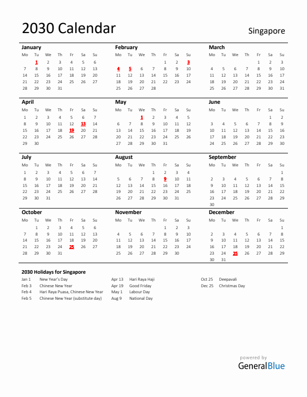 Standard Holiday Calendar for 2030 with Singapore Holidays 