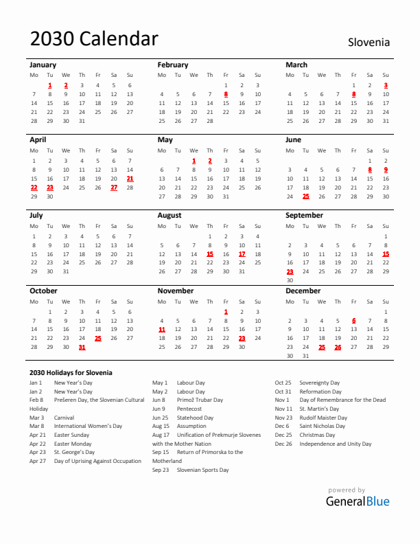 Standard Holiday Calendar for 2030 with Slovenia Holidays 