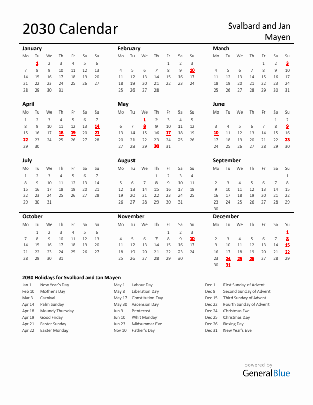Standard Holiday Calendar for 2030 with Svalbard and Jan Mayen Holidays 