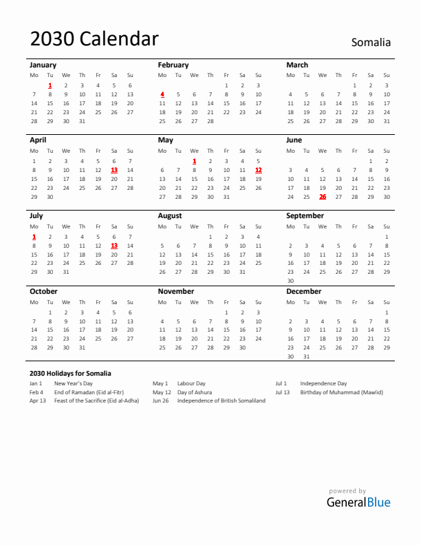 Standard Holiday Calendar for 2030 with Somalia Holidays 