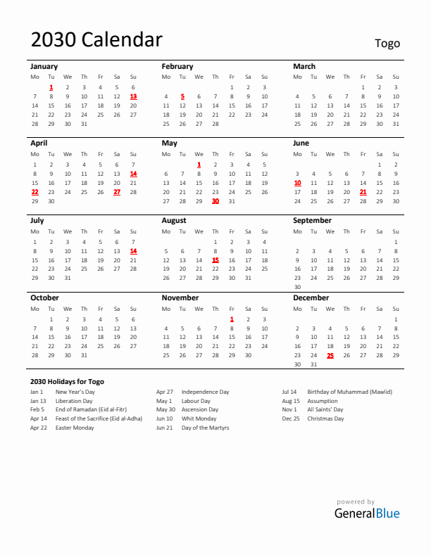 Standard Holiday Calendar for 2030 with Togo Holidays 