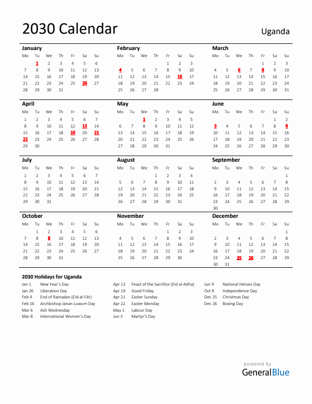 Standard Holiday Calendar for 2030 with Uganda Holidays 
