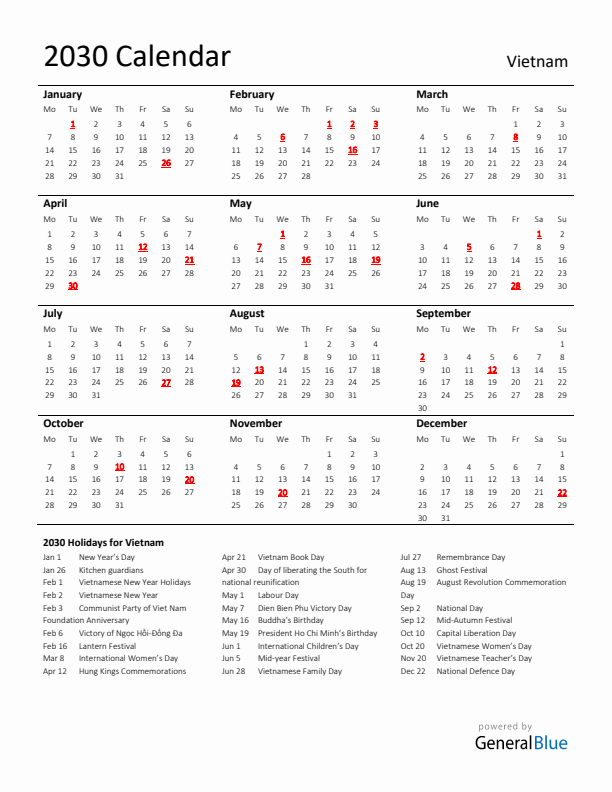 Standard Holiday Calendar for 2030 with Vietnam Holidays 