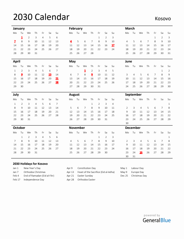 Standard Holiday Calendar for 2030 with Kosovo Holidays 