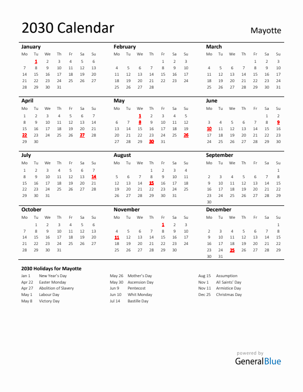 Standard Holiday Calendar for 2030 with Mayotte Holidays 