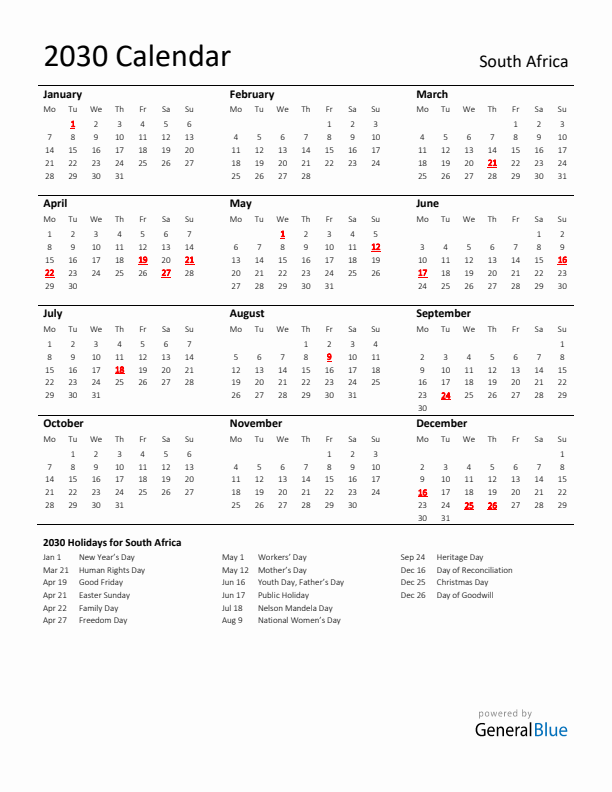 Standard Holiday Calendar for 2030 with South Africa Holidays 
