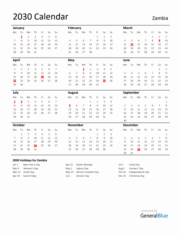 Standard Holiday Calendar for 2030 with Zambia Holidays 