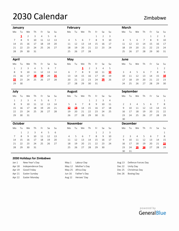 Standard Holiday Calendar for 2030 with Zimbabwe Holidays 