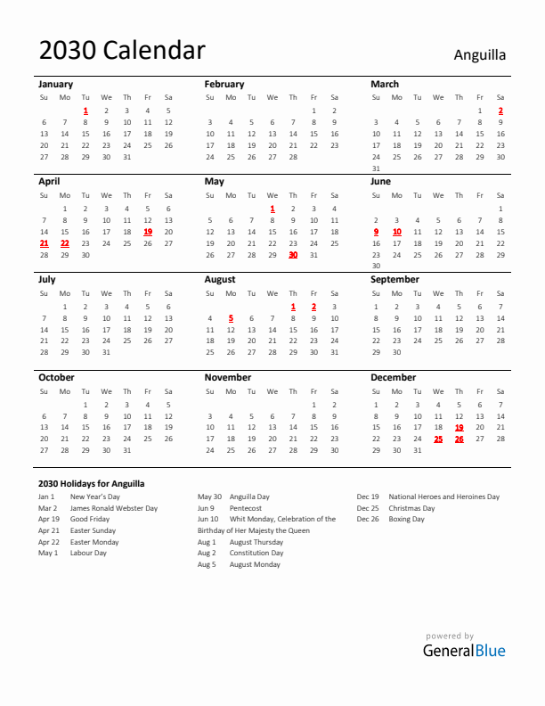Standard Holiday Calendar for 2030 with Anguilla Holidays 