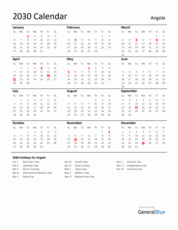 Standard Holiday Calendar for 2030 with Angola Holidays 