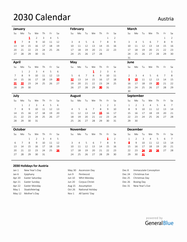 Standard Holiday Calendar for 2030 with Austria Holidays 