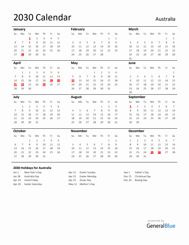 Standard Holiday Calendar for 2030 with Australia Holidays 