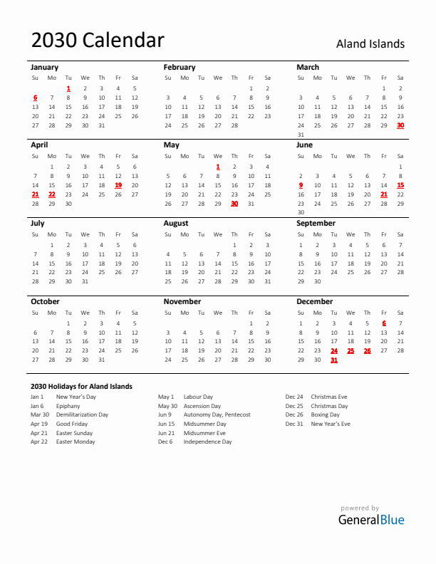 Standard Holiday Calendar for 2030 with Aland Islands Holidays 