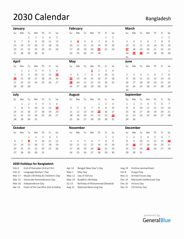 Standard Holiday Calendar for 2030 with Bangladesh Holidays 