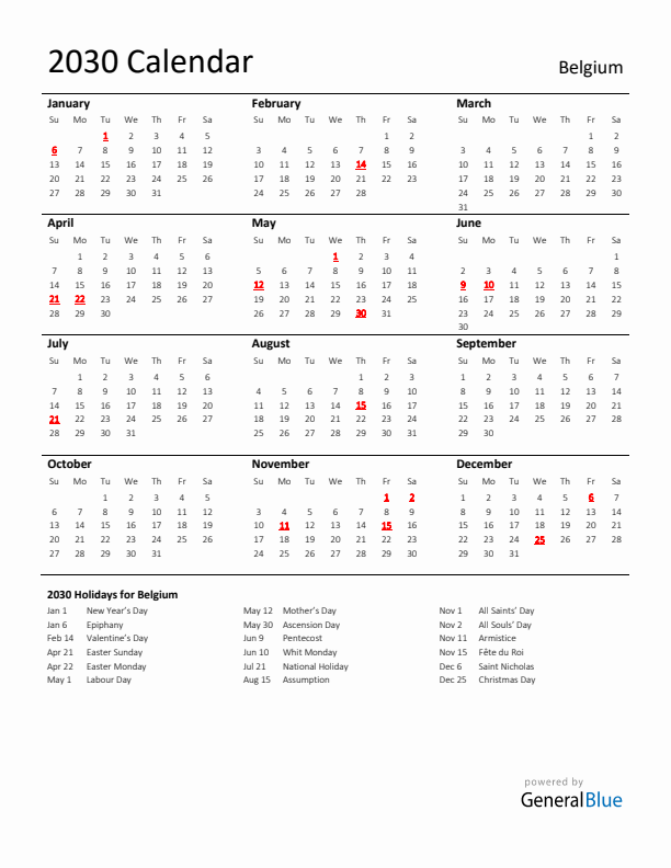 Standard Holiday Calendar for 2030 with Belgium Holidays 