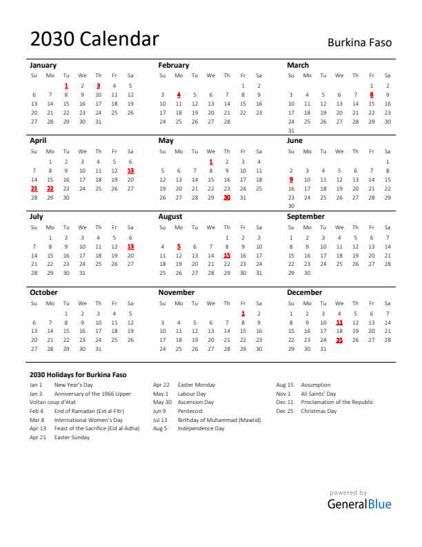 Standard Holiday Calendar for 2030 with Burkina Faso Holidays 