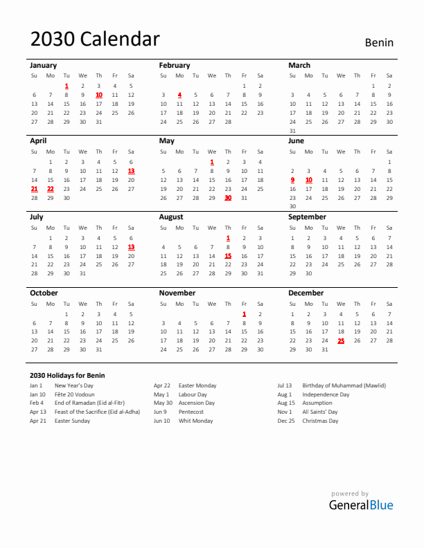Standard Holiday Calendar for 2030 with Benin Holidays 