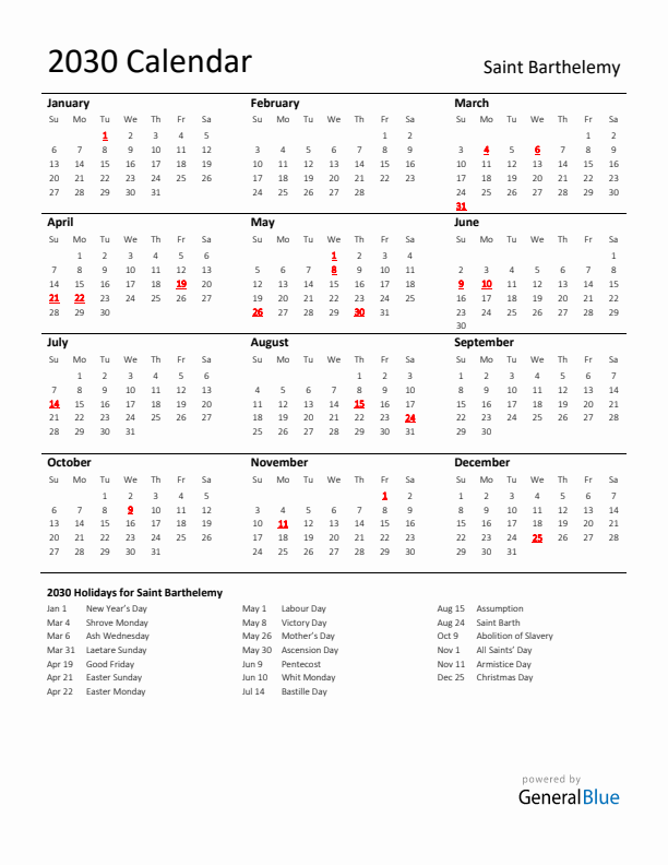 Standard Holiday Calendar for 2030 with Saint Barthelemy Holidays 