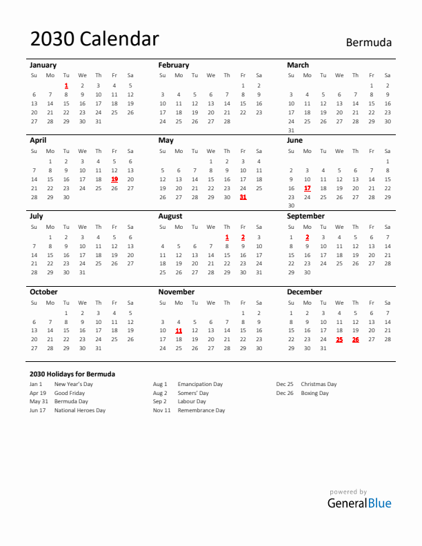 Standard Holiday Calendar for 2030 with Bermuda Holidays 