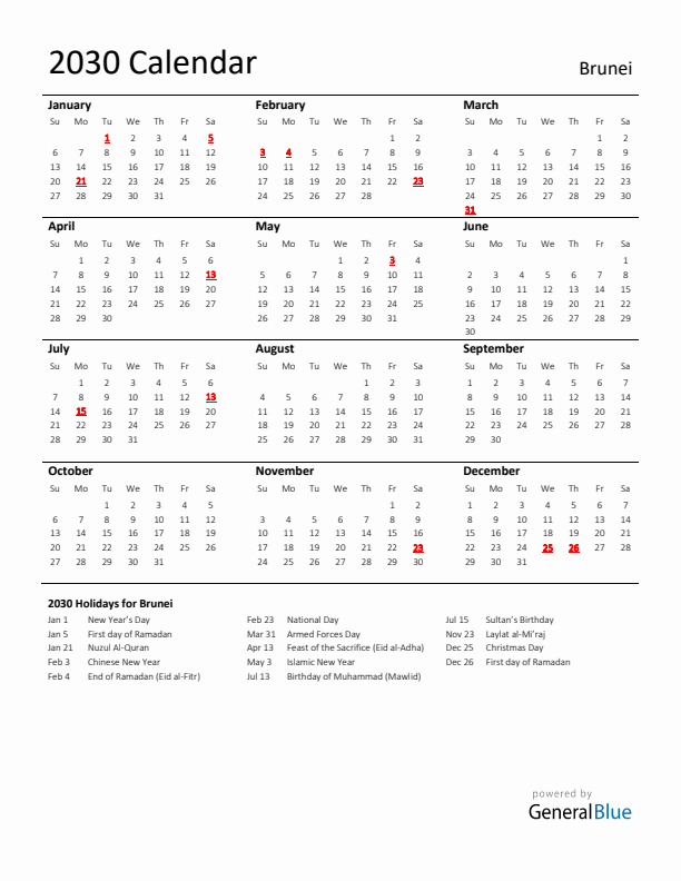 Standard Holiday Calendar for 2030 with Brunei Holidays 