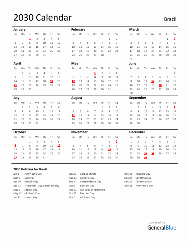 Standard Holiday Calendar for 2030 with Brazil Holidays 