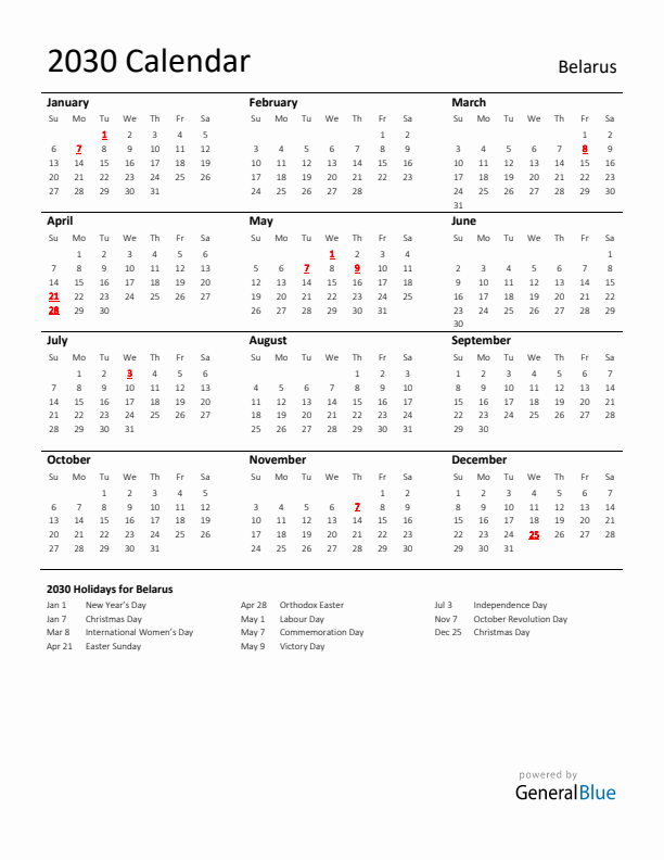 Standard Holiday Calendar for 2030 with Belarus Holidays 