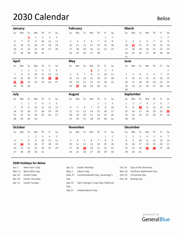 Standard Holiday Calendar for 2030 with Belize Holidays 