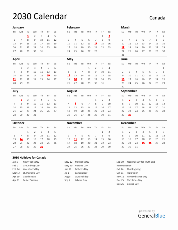 Standard Holiday Calendar for 2030 with Canada Holidays 