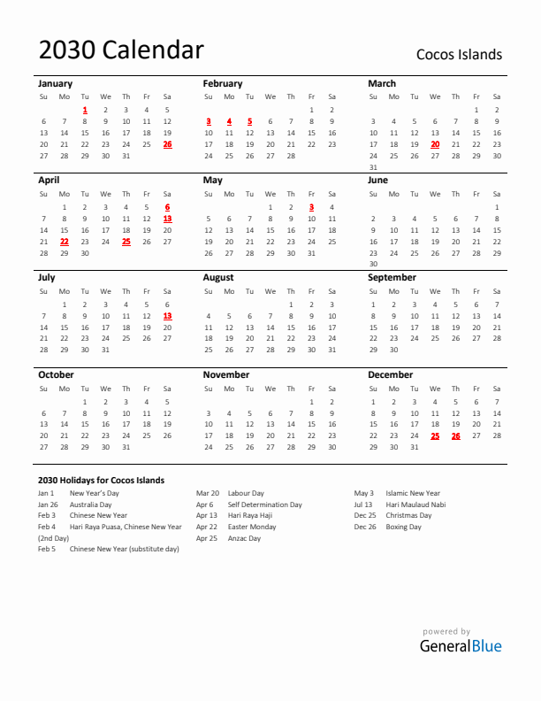 Standard Holiday Calendar for 2030 with Cocos Islands Holidays 
