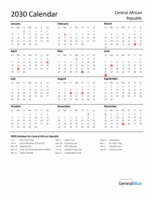 Standard Holiday Calendar for 2030 with Central African Republic Holidays 