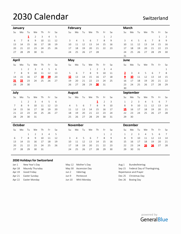 Standard Holiday Calendar for 2030 with Switzerland Holidays 