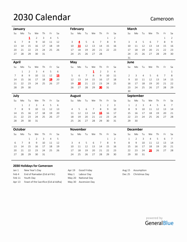 Standard Holiday Calendar for 2030 with Cameroon Holidays 