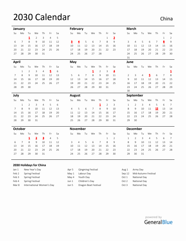 Standard Holiday Calendar for 2030 with China Holidays 