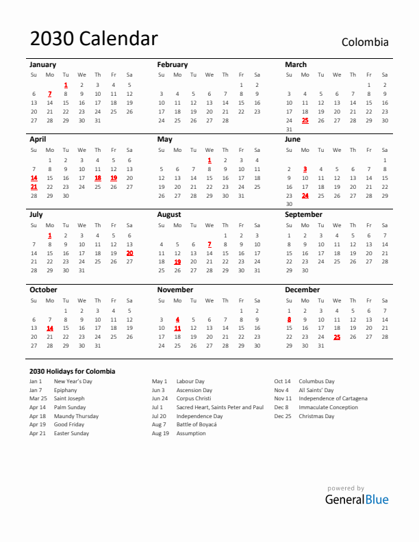 Standard Holiday Calendar for 2030 with Colombia Holidays 