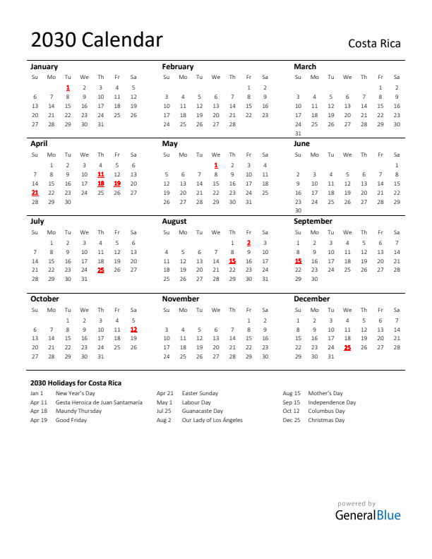 Standard Holiday Calendar for 2030 with Costa Rica Holidays 