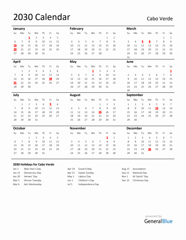 Standard Holiday Calendar for 2030 with Cabo Verde Holidays 