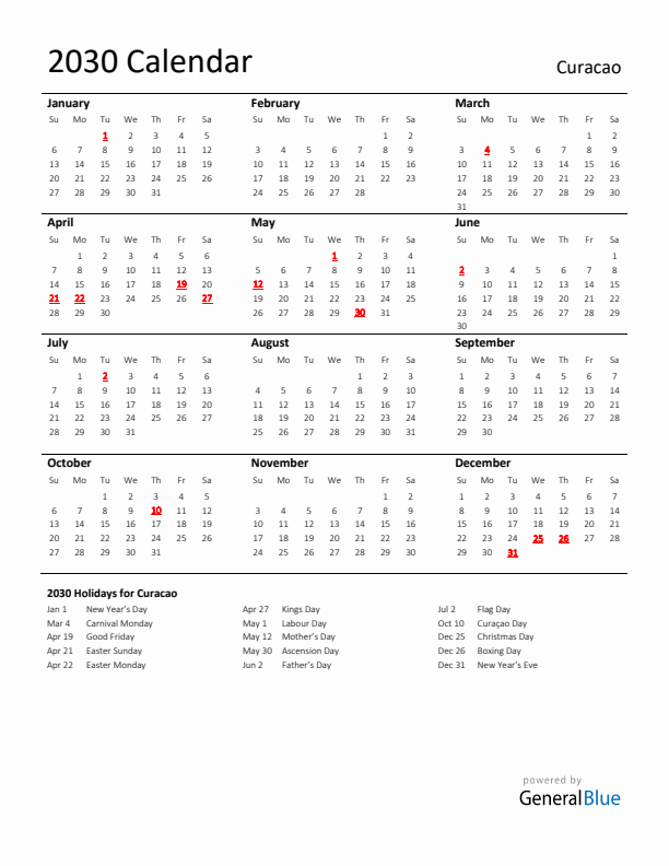 Standard Holiday Calendar for 2030 with Curacao Holidays 