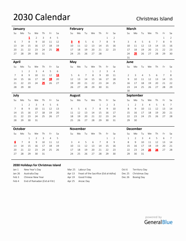Standard Holiday Calendar for 2030 with Christmas Island Holidays 