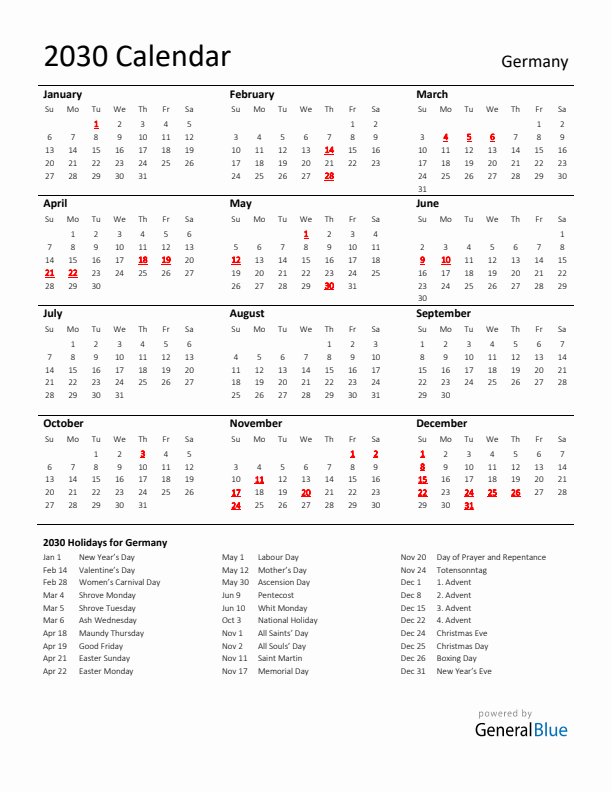 Standard Holiday Calendar for 2030 with Germany Holidays 