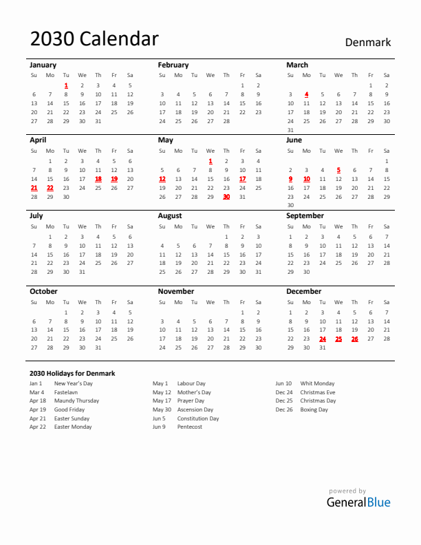 Standard Holiday Calendar for 2030 with Denmark Holidays 