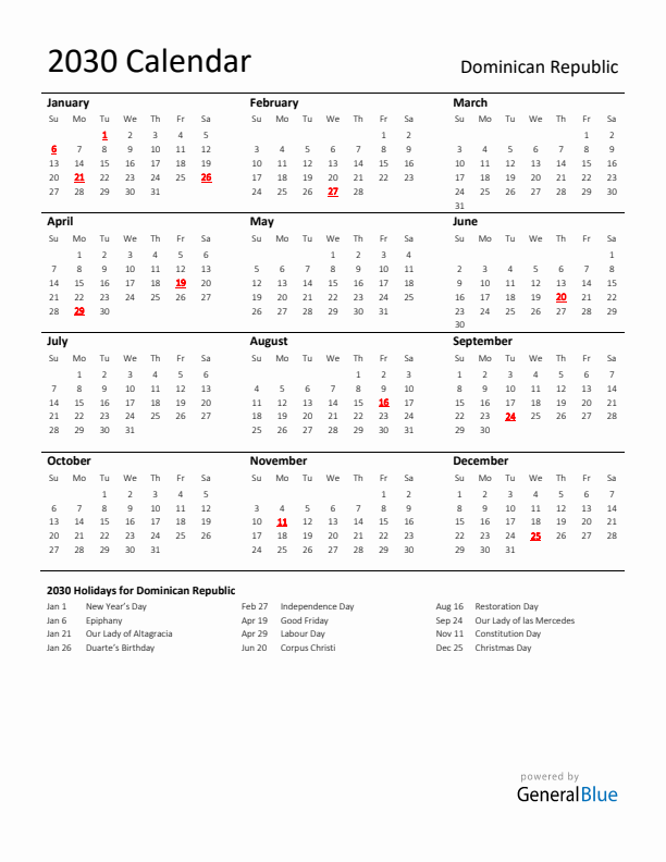 Standard Holiday Calendar for 2030 with Dominican Republic Holidays 