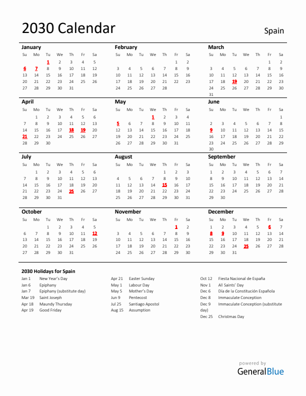 Standard Holiday Calendar for 2030 with Spain Holidays 