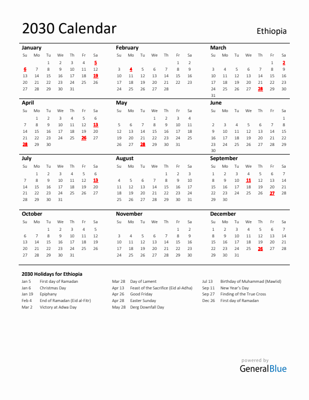 Standard Holiday Calendar for 2030 with Ethiopia Holidays 