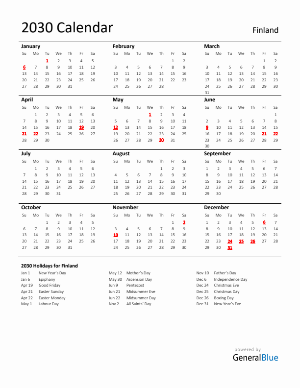 Standard Holiday Calendar for 2030 with Finland Holidays 